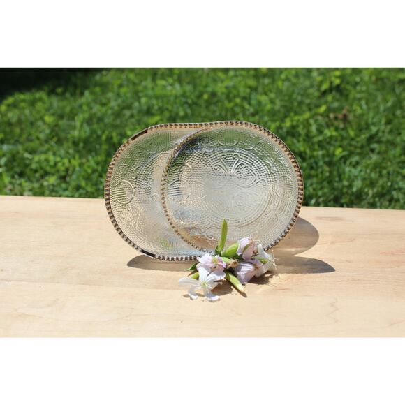 Three Vintage Antique Butler Pressed Glass Dishes Gold Trim Floral Harp Design - Picture 2 of 6